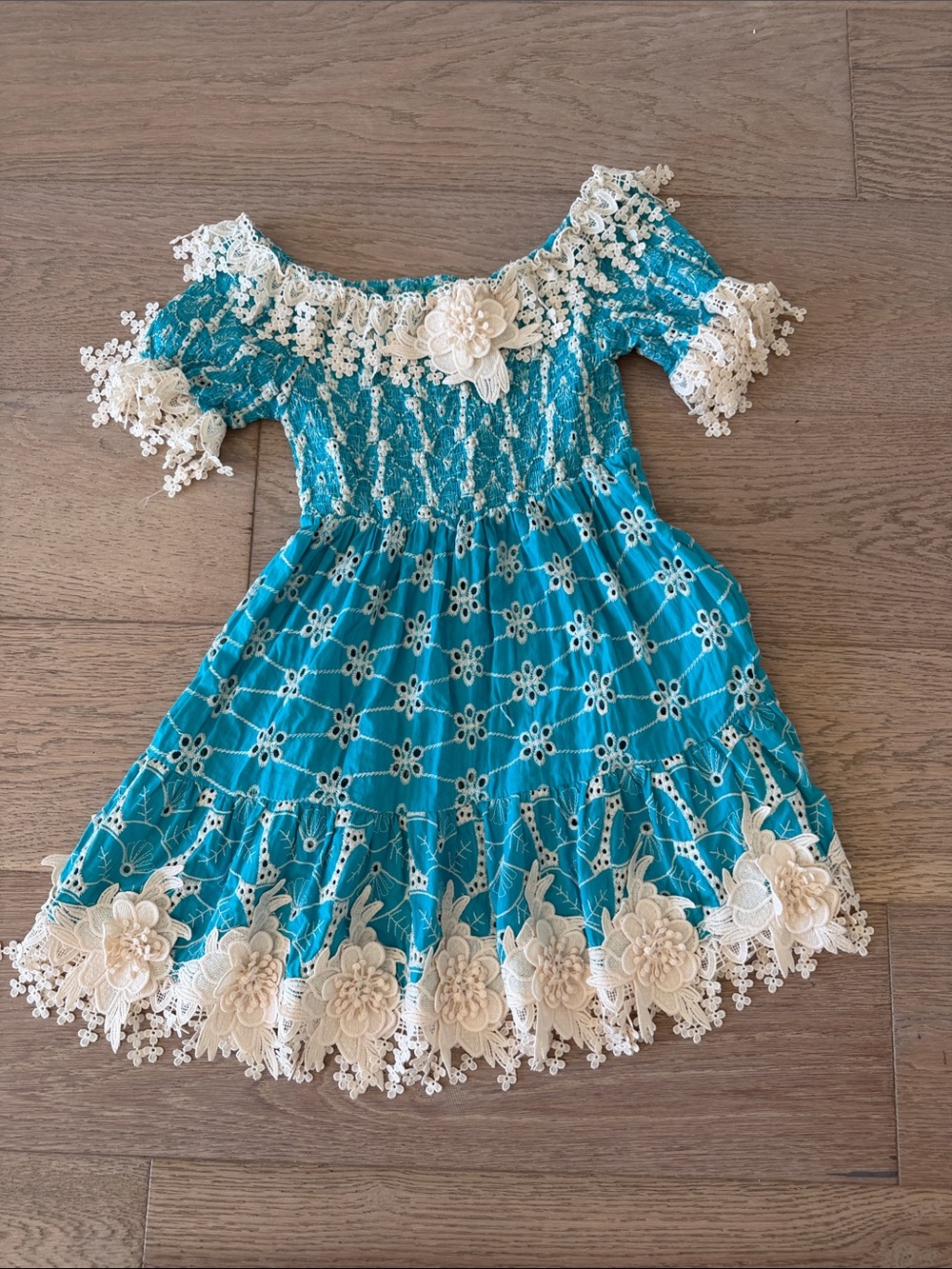 Turquoise Lace-Trim Off-Shoulder Girls Party Dress